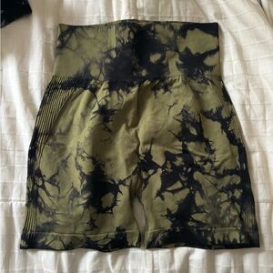 Black and green tie-dye butt scrunch workout shorts